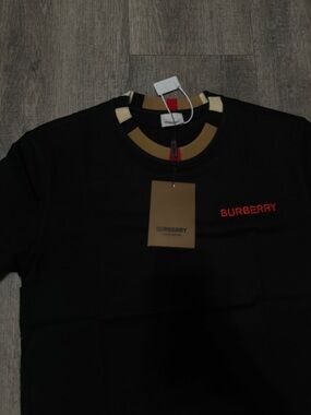Burberry Black Tee with Tan & Cream Stripe Neckline and Red Logo
